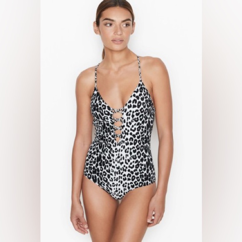 VICTORIA’S SECRET ~ Negril Plunge One-Piece  Black & White Leopard SIZE …